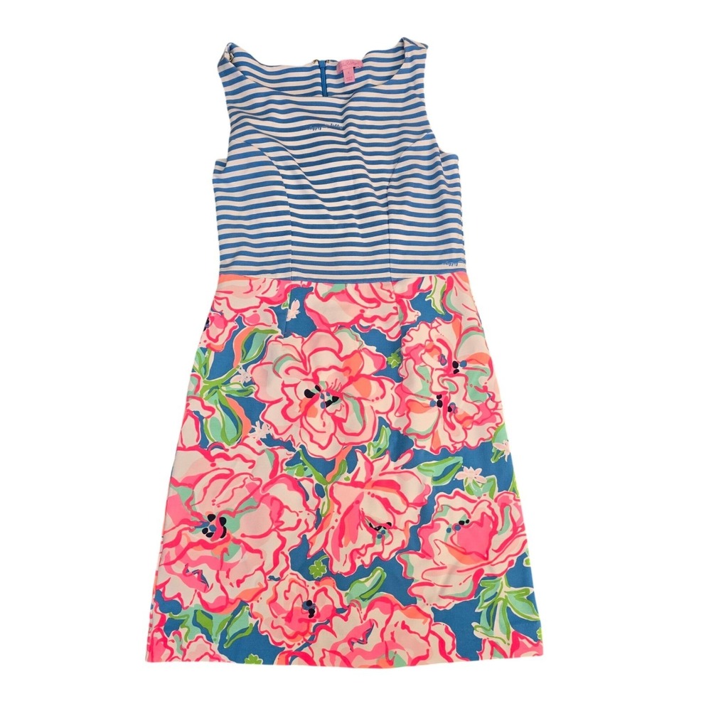 Lilly Pulitzer Womens Sz S Ponte Stripe Floral Sheath Dress Sleeveless Blue Pink